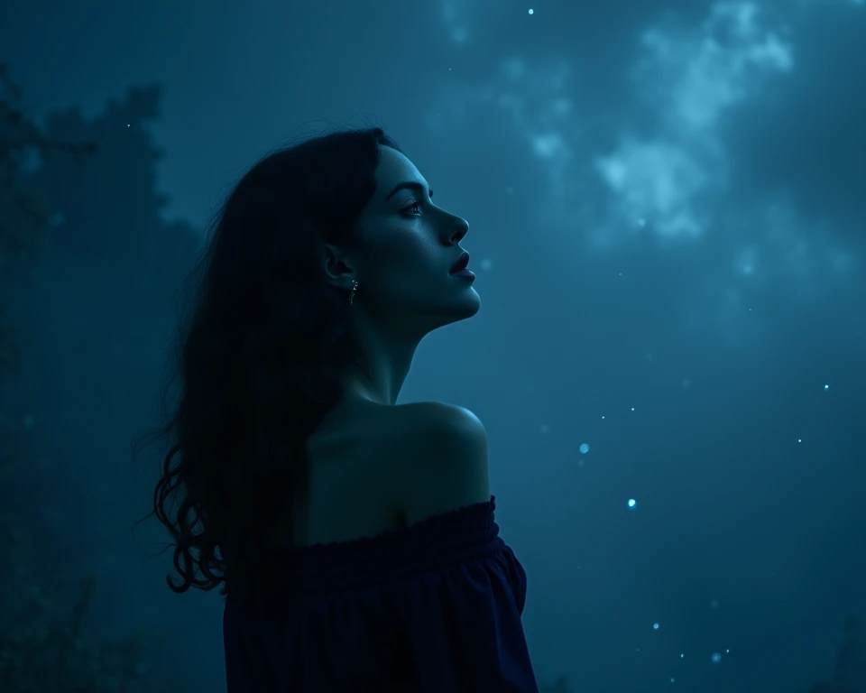 A full body side shot of a woman with dark wavy hair, ((very pale skin)), falling from the sky, cinematic shot, portrait, close up, thick mist, ((((deep dark sapphire blue color)))), at night, darkness, shadow, masterpiece, digitalart, painting, split comp...