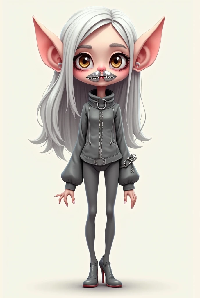 Create a cartoon tall girl with elf ears and with gray top aluminum and chain peticote design and gray high heels with gray sharp teeth in head piece silver lips white and black hair make it 2D 