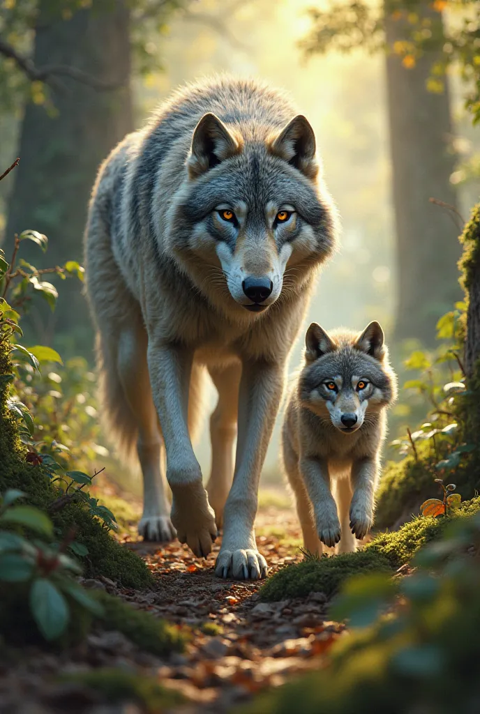 Wolf with his son in a forest
