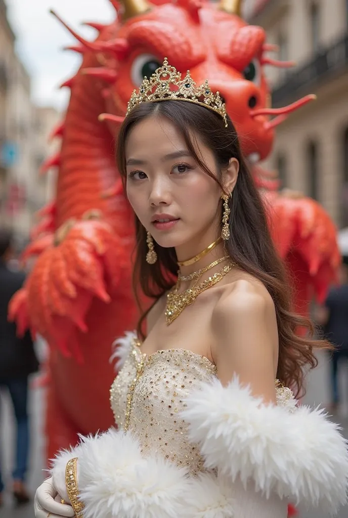 Create an image with a red dragon float in São Paulo on the street, with a Korean model, with a white carnival outfit with sparkles, with a gold necklace and earrings, with a minimalist gold crown too, With gloves on her hands small white.