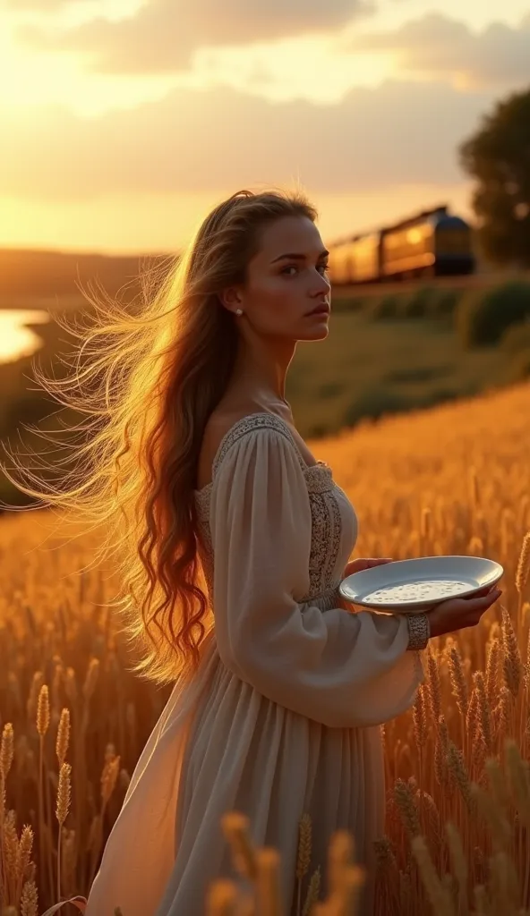 Beautiful girl with long hair and The wind blows softly across a golden wheat field, making the ears flutter in mesmerizing waves. The orange evening sky reflects on the crystal clear lake next to, where cherry attractions float slowly on the surface. An o...