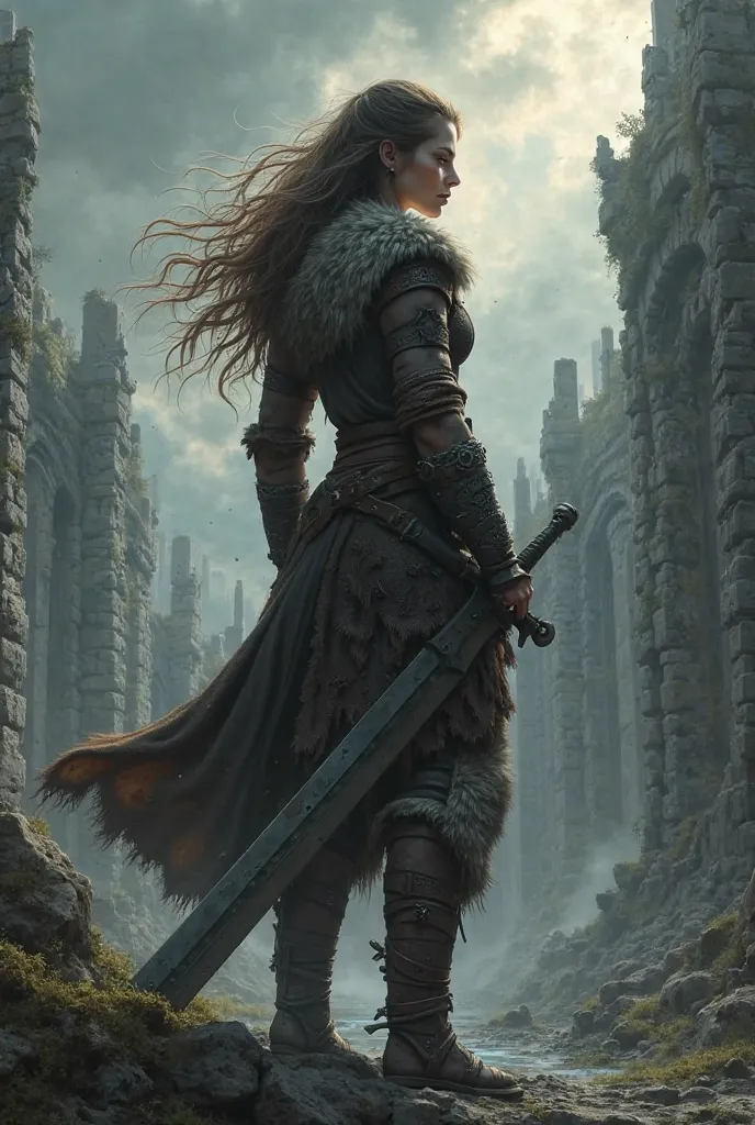 Viking warrior woman from behind with loose hair against the backdrop of a ruined stone city in dark fantasy style 