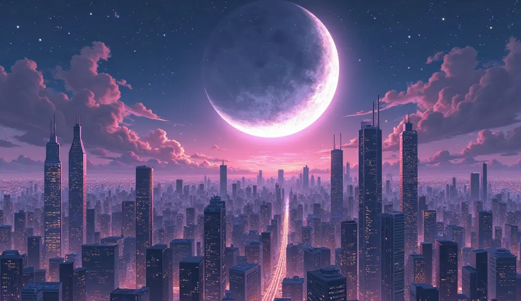 
Let's create a picture of a city in a night anime with a long moon to put the wallpaper but this picture is too small together it has to be chill and romantic anymore with no need to draw people and there are modern high-rise buildings with golden purple ...