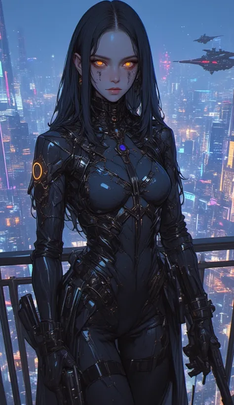 ((Elizabeth Swann)), ((cyberpunk)) noblewoman, wearing a sleek futuristic dress with holographic patterns, a cybernetic eye with a golden iris, holding a high-tech pistol, standing on a balcony overlooking a neon-lit cyberpunk city with flying ships, cinem...