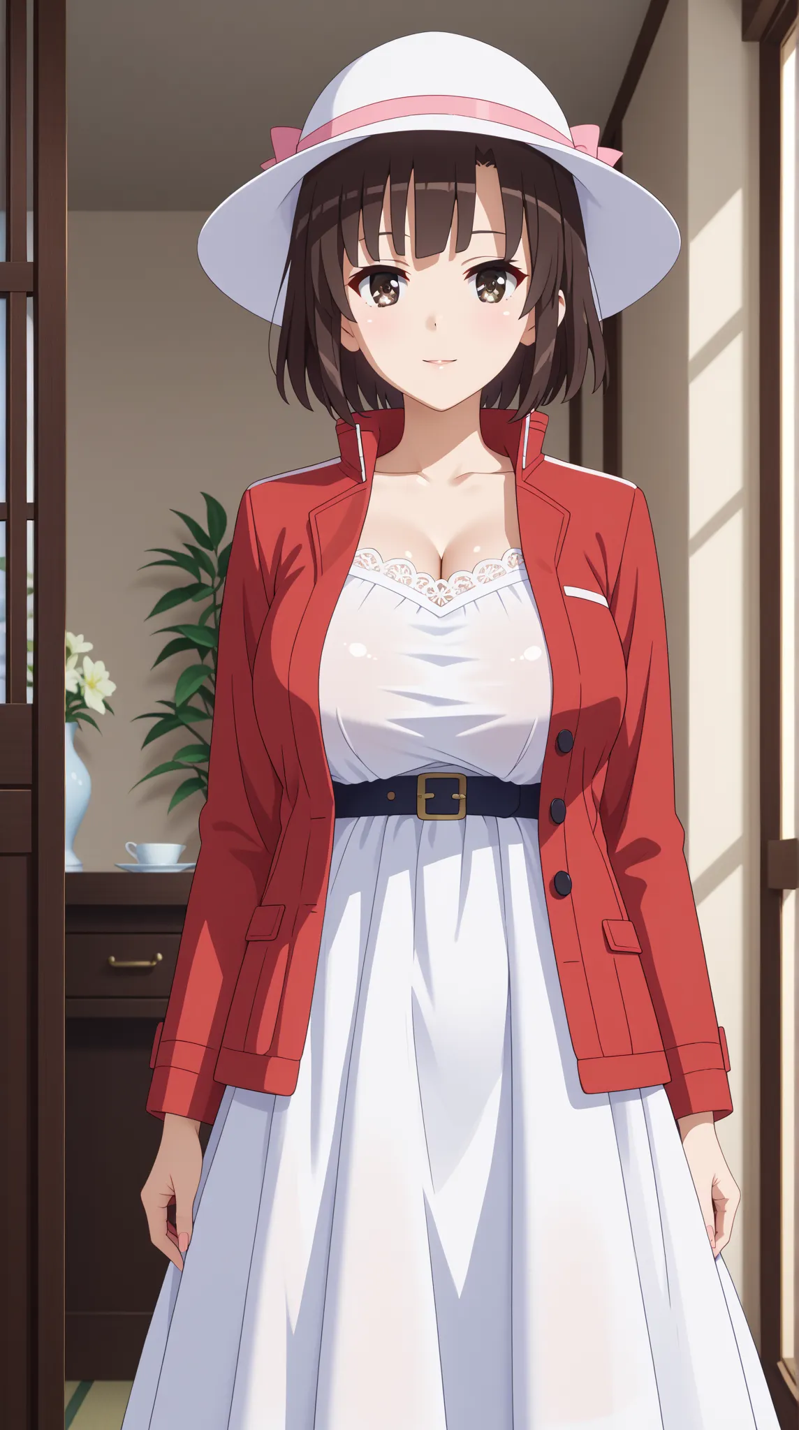 (UHD, retina, masterpiece, accurate, anatomically correct, super detail, high details,   highres, 1080P, 16k、high detail RAW color art:1.3)、 (megumi katou:1.3)、(short hair、brown hair, brown eyes:1.3)、(very gigantic breasts:1.5)、(shiny skin:1.3)、(jacket, lo...