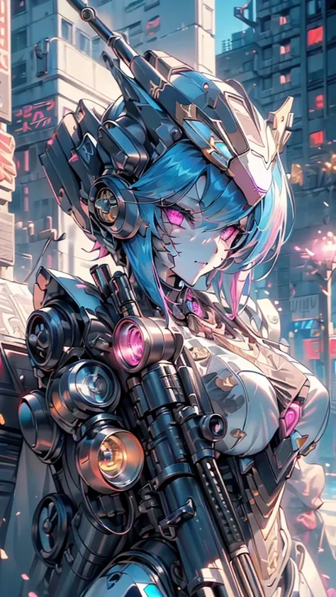 Mecha girl, 50Caliber, (((scoope peeking A Sniper Riffle:1.7)))!!!,  hand carrying sniper riffle, (black & gold mechanical body:1.7), Reelmech, Maid , (((masterpiece))), (((the best quality))), ((flap of hair)), (highly detailed CG illustration), ((an extr...