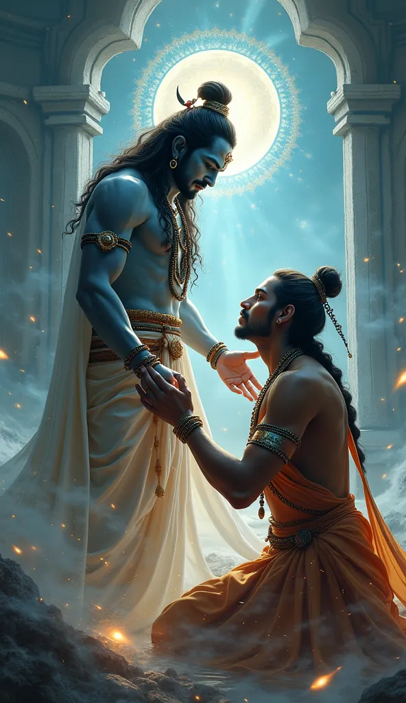 Lord Shiva, radiating wisdom, gently blessing Arjuna, as he imparts the lesson of humility and devotion.

