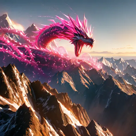 High resolution, mountain environment, distant angle, dragon, roaring pose, gray skin, Pink thorns