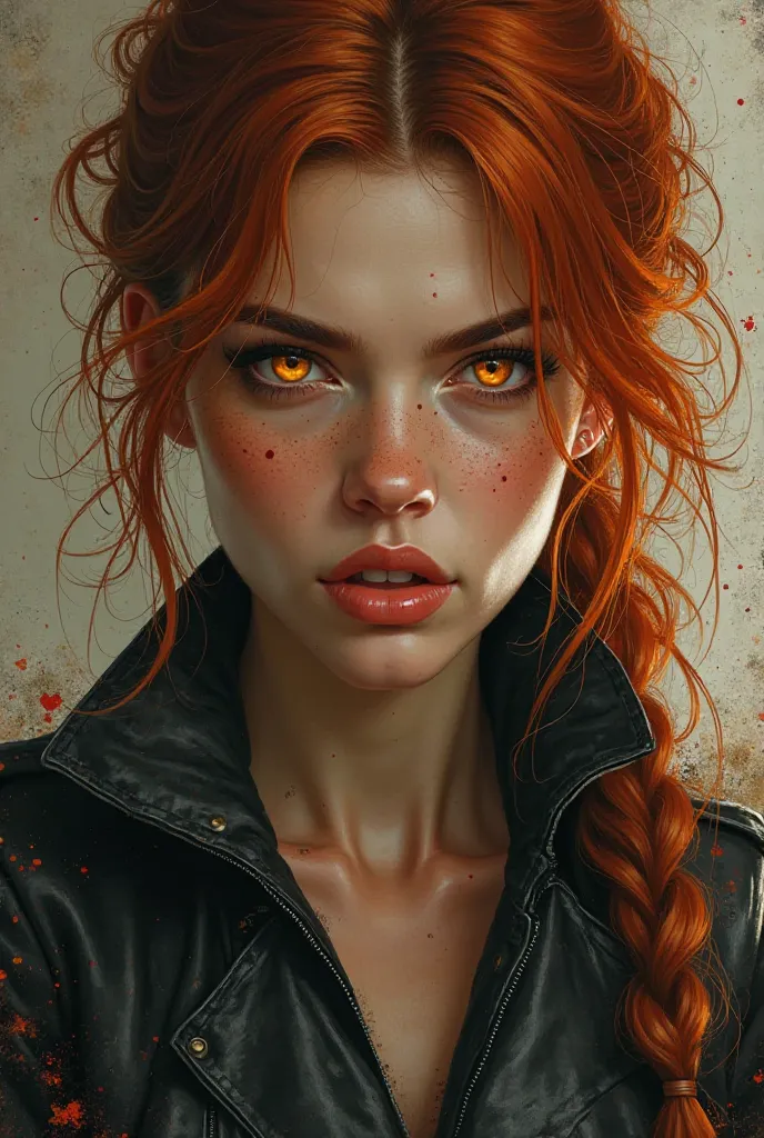 A striking portrait of a fierce, otherworldly woman with piercing golden eyes that glow with intensity. Her face is adorned with subtle freckles, and her full lips are slightly parted, exuding mystery and confidence. Her fiery auburn hair is loosely tied b...