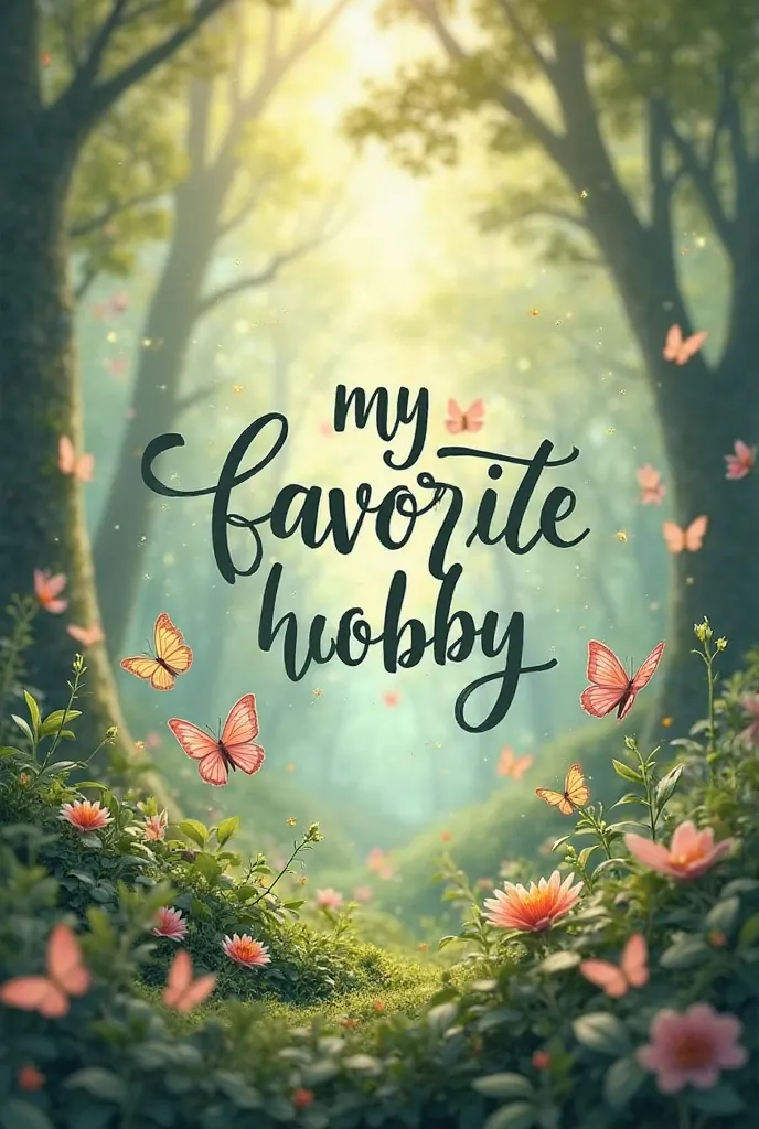 Create an image with a forest and butterflies with pastel colors and that has the theme MY FAVORITE HOBBY cursive letter 