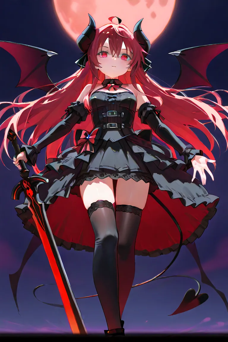 devil。horn。Big Sword 。Swords in both hands。 Beast Ears。wing。 devil wing。tail。 dragon 。high knee socks。 gothic costume 。Soul Edge。long hair。 red eyes。night。 Darkness。nightの Darknessの空。 I fly through the sky 。Fly。