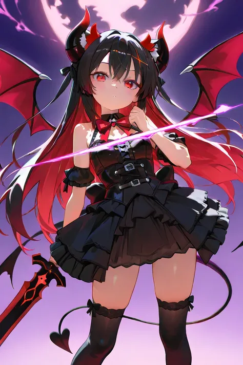 devil。horn。Big Sword 。Swords in both hands。 Beast Ears。wing。 devil wing。tail。 dragon 。high knee socks。 gothic costume 。Soul Edge。long hair。 red eyes。night。 Darkness。nightの Darknessの空。 I fly through the sky 。Fly。