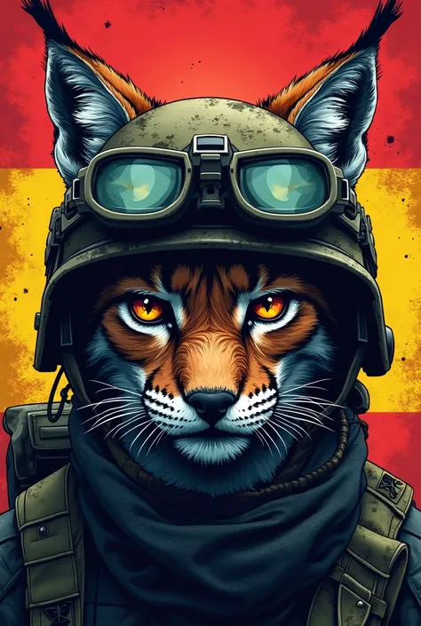 Create a logo for a military t-shirt with the Spanish flag and the third in the background, And in the center is the face of a lynx wearing a military helmet and night goggles 