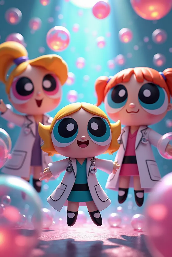 Bubbles from power puffs wearing a doctor's coat 