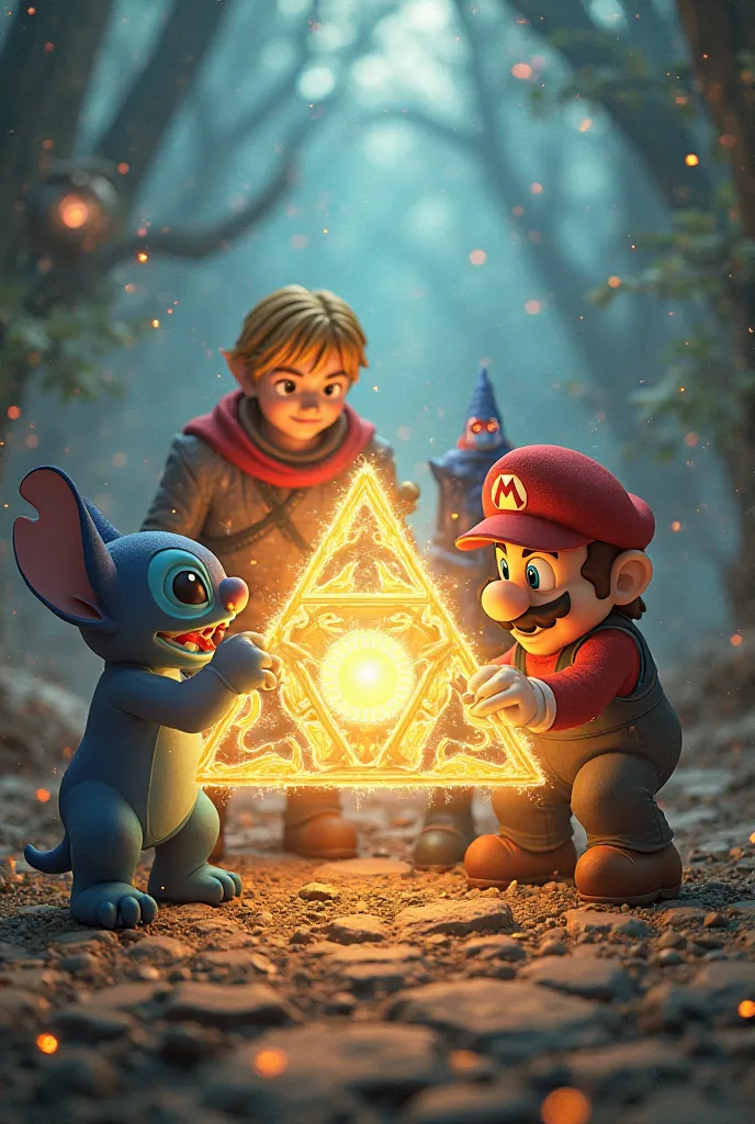 Marios bros,  stich , Harry Potter and Link as if they were building the triforce 