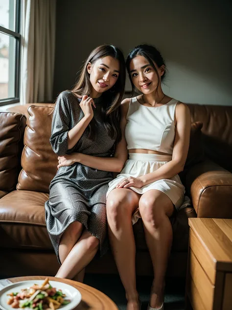 there are two people sitting on a couch with food on the table, lovely couple, portrait shot, couple pose, shot on canon eos r 5, shot on canon eos r5, couple, traditional clothes, wearing traditional garb, portrait shot 8 k, shot with canon eoa 6 d mark i...