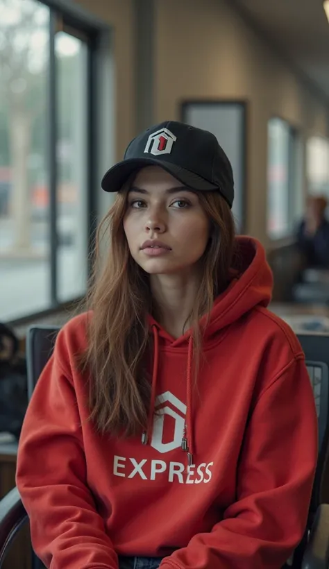  1girl , Alone, High Resolution, red hoddie Written ID EXPRRSS, High Resolution, Brown Hair, Best Quality, was sitting in the ID EXPRESS office, black cap ID EXPRESS