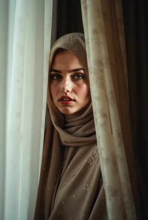 A beautiful woman wearing a stylish pashmina hijab is peeking behind the window curtain., half body