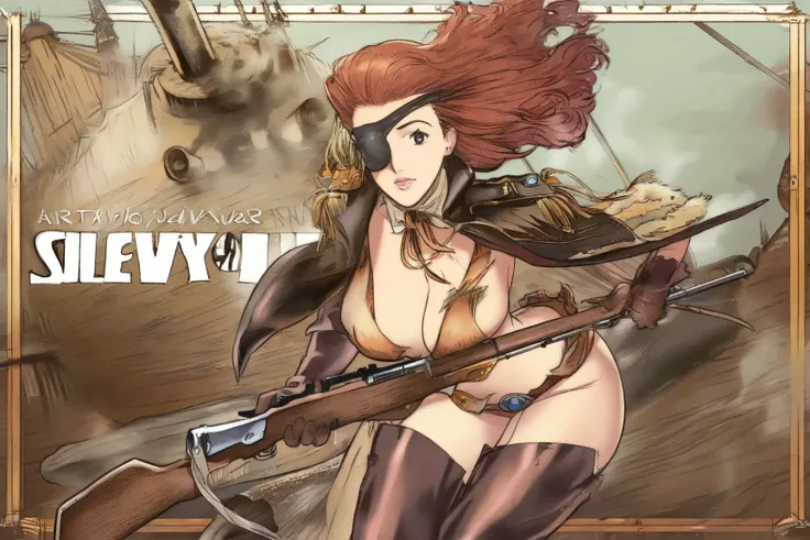 (studio ghibli) Jessica Rabbit (air ship pirate, sexy pirate outfit Valley of the wind motif, patch over one eye, steam powered rifle, confident, sultry), airship has Valley of the wind aesthetics, she is questioning her captive Nausicaa