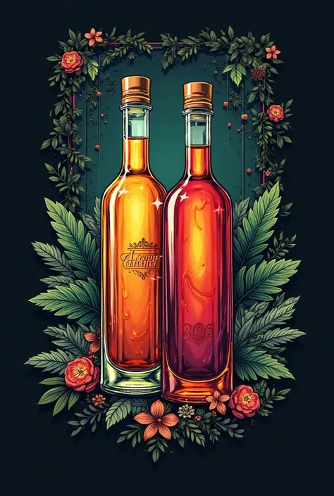 I need a logo showing two elegant bottles of alcohol, Fine with the name of drinks x2+And with a tropical undergraund style 