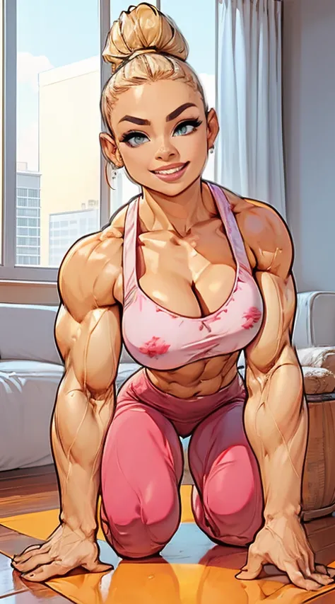 (Perfect anatomy), (master pice), (Best quality) (Muscular: 2.4), (muscular thighs: 2.2), (Massive bodybuilder physique: 2.5) 
(blonde woman: 1.5), blue eyes, (high ponytail, long ponytail: 1.3),
eyeshadow, earrings,
detailed eyes, (big smile: 1.7), detail...