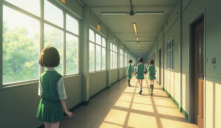 Japanese school hallway, outside windows on the side, beautiful natural lighting, students wearing green and white uniforms, students away from view, anime style image, no Japanese writing 