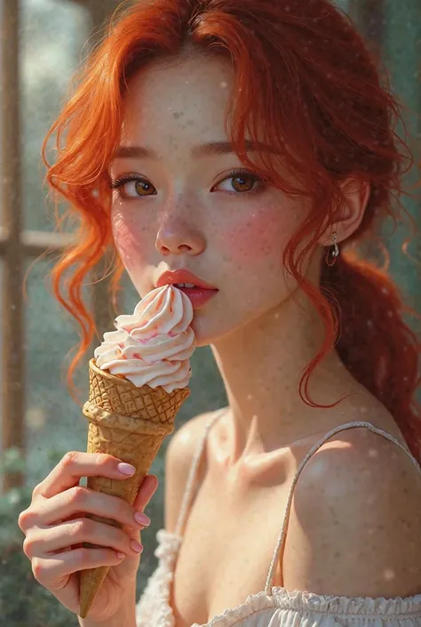 ((best quality)), ((masterpiece)), (detailed), perfect face, red hair,eating ice cream