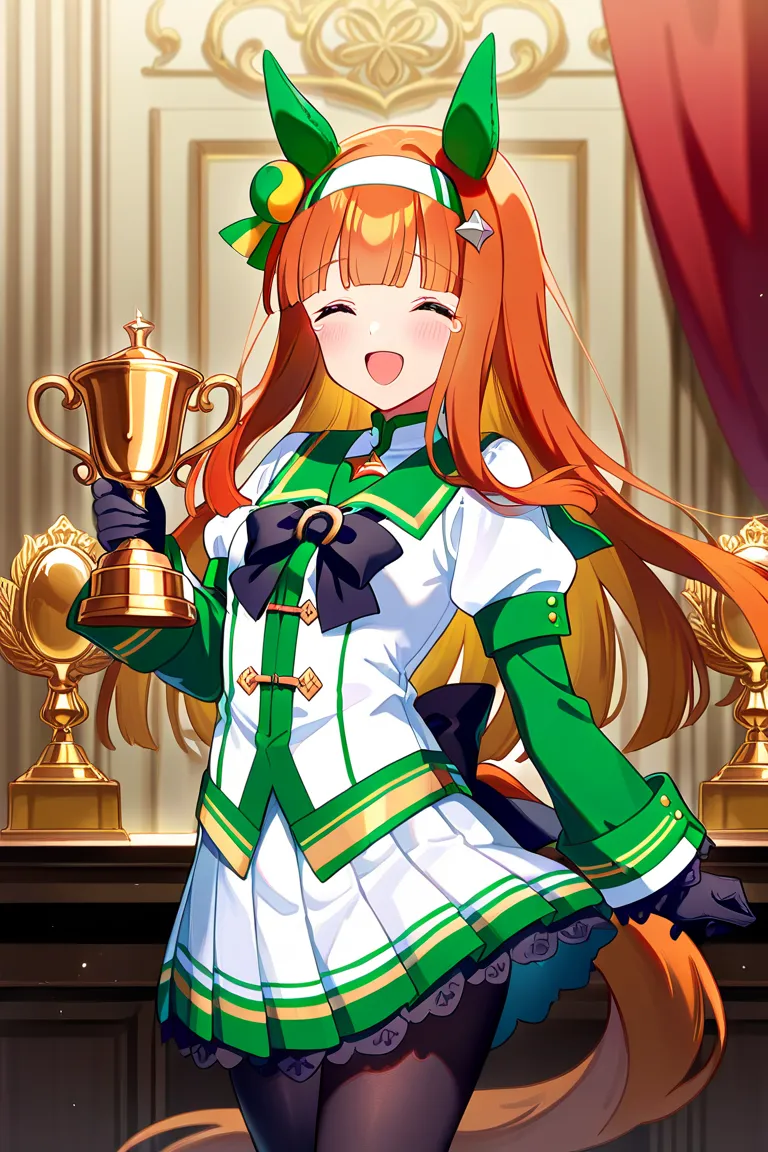  best quality 、masterpiece、 1 girl、 Silence Suzuka、 Uma Musume、smile、 long hair、 animal ears 、 ear covers、 orange hair、 band、(( tea hair))、 horse tail、 green sailor color 、 black ribbon、 white shirt、 layered sleeve 、Green Sleeves、 black gloves、 white skirt...