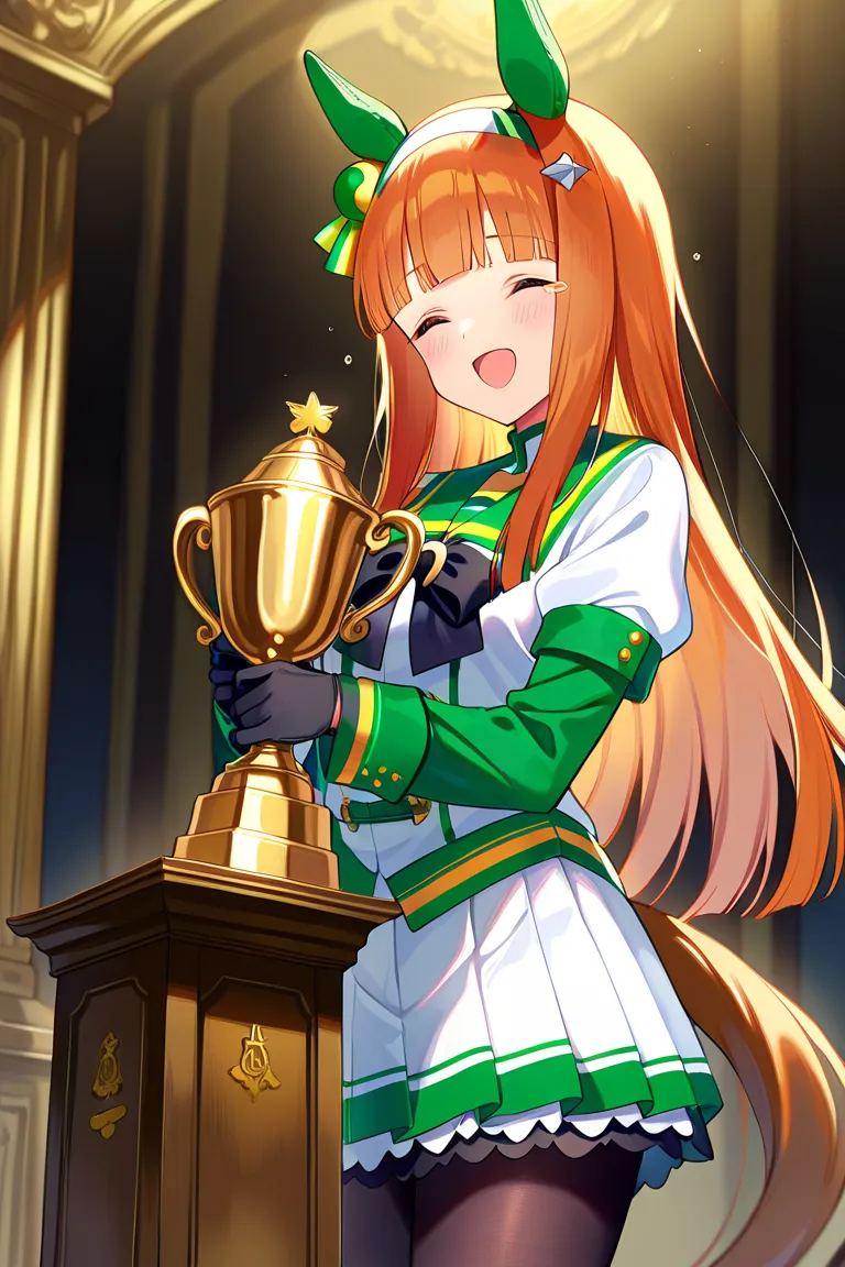  best quality 、masterpiece、 1 girl、 Silence Suzuka、 Uma Musume、smile、 long hair、 animal ears 、 ear covers、 orange hair、 band、(( tea hair))、 horse tail、 green sailor color 、 black ribbon、 white shirt、 layered sleeve 、Green Sleeves、 black gloves、 white skirt...