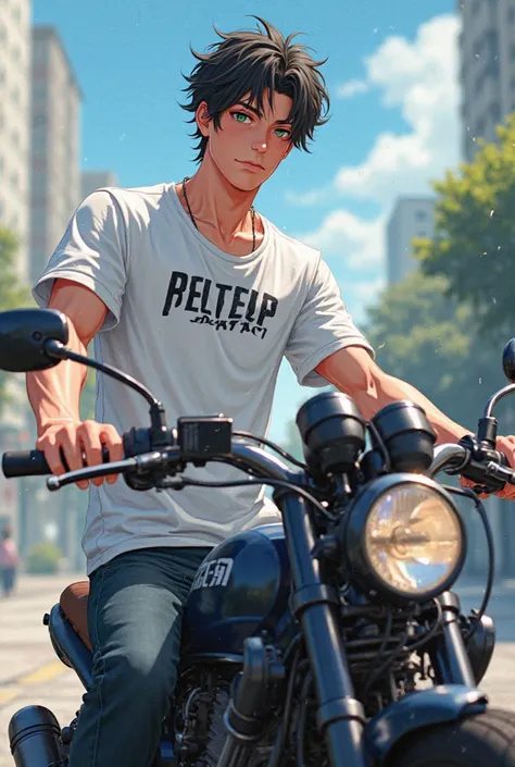 A boy is sitting on a stylish moto bike. He is adult. His skin colour is white and he is also a stylish anime.He has wared a white t shirt and there is a name on his t shirt and the name is Mominur 