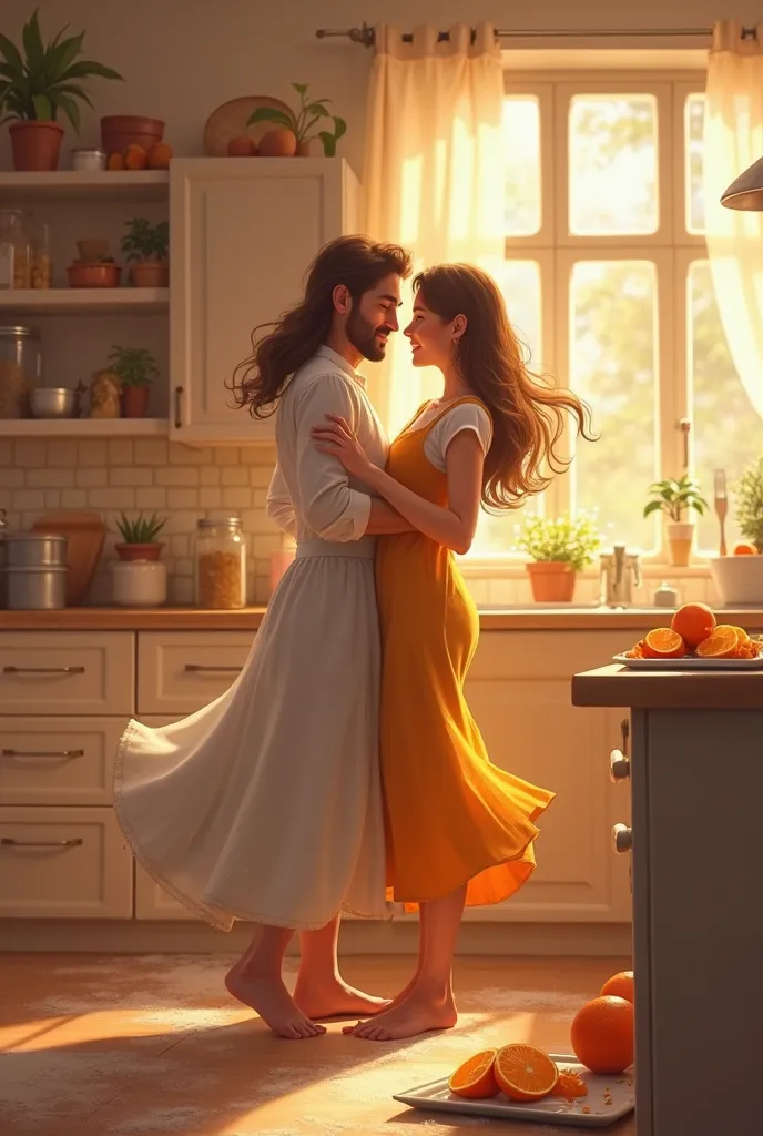 Draw me and my lover dancing in the kitchen while baking an orange cake happily