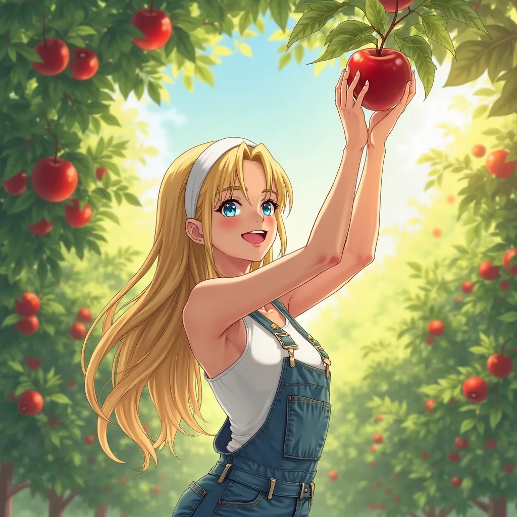 anime woman, long blonde hair, blue eyes, White tank top, overalls, white hairband, toned arms, climbing an apple tree, reaching for an apple, raising arms, exposed armpits, from left side, detailed armpits, anime cute