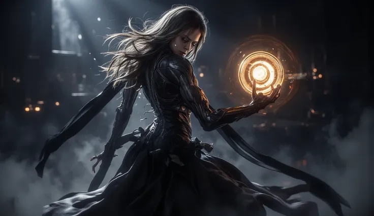 A dramatic, dark fantasy scene featuring a powerful female figure holding a glowing orb in a dramatic pose. the image also shows dramatic lighting and a dark, smoky background.