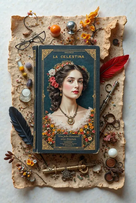 Do a knolling of La Celestina for me . In the photo you have to see the cover of the book and 10 objects that represent the history of this book.