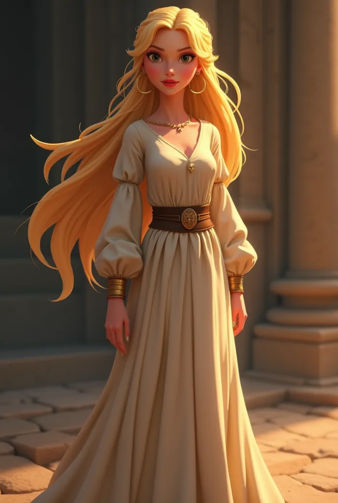 A picture of a beautiful woman with blond hair with an innocent face and a simple long dress that is also old times, but this picture will be animated .There will be bright stones in your hands .I want you to create an animated character, but I want him to...