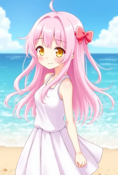 hair color light pink pink gradient? The same  girl's eyes are yellow, and her hair style is like Heart Hair and Han Mun Eum Hair webtoons. Please wear a white dress with a heart ribbon and a skirt. The background is in front of a rainbow sea beach