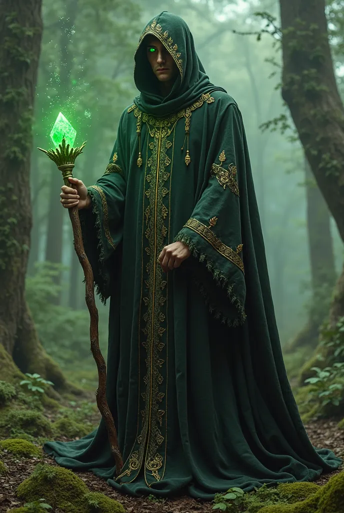 3. The Wizard of the Emerald Court
Prompt:
In the heart of a forest where shadows stretch like living shadows and mist swirls between trees, the wizard of the emerald court rises, wrapped in a black silk robe embroidered with golden threads that shine like...