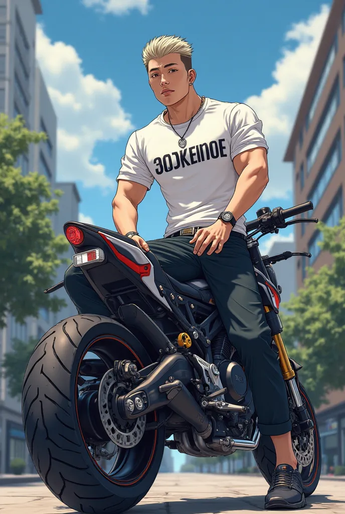 A boy is sitting on a stylish moto bike. He is adult. His skin colour is white and he is also a stylish anime.He has wared a white t shirt and there is a name on his t shirt and the name is Mominur 