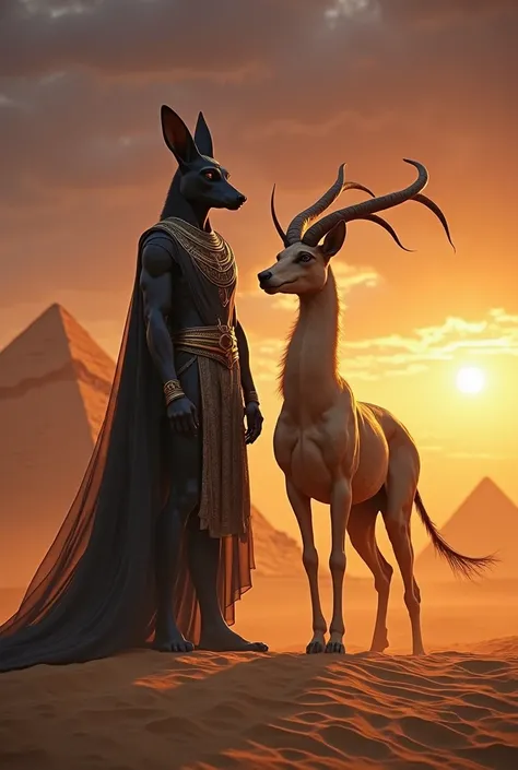 cinematic, hyper-realistic depiction of Anubis standing beside the mighty Arsinoitherium in an ancient Egyptian desert at twilight. Anubis, tall and regal, is draped in flowing black and gold robes, his jackal head adorned with an ornate headdress. The Ars...