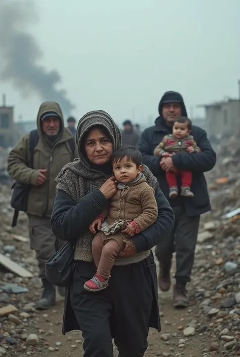 "In the shadow of war, a group of Azerbaijani refugees flees the remnants of their shattered homes, moving through a barren landscape. The cold, grey sky looms above them as they navigate through the debris of their once-thriving village. Women clutch thei...