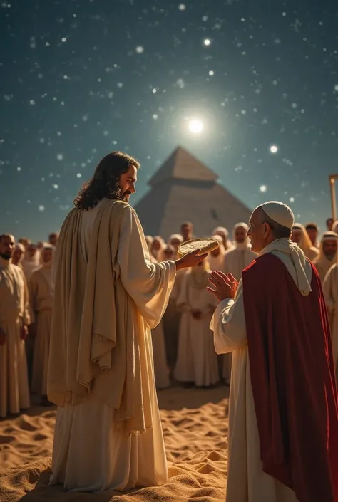 "Vertical video (9:16) in 8K: Jesus and Pope Francis commune with a crowd in front of the Pyramids of Giza. Jesus holds the bread serenely; the Pope prays reverently. Crowd includes Bedouins, tourists, ren. Setting: starry sky, full moon, desert sand. Deta...