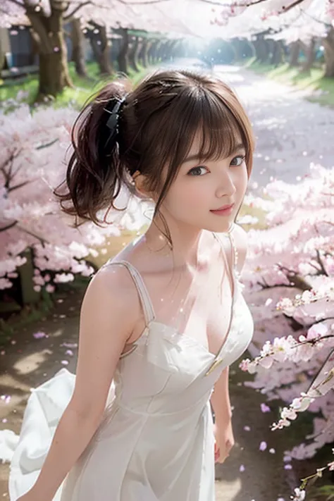 (8k, RAW photo, photorealistic, HQ, masterpiece, Brightly exposed photo), a cute Japanese woman, (glowing eyes), from below, 
(light smile), dark brown hair, low ponytail, (white dress:1.2, halter neck long skirt dress:1.4, elegant simply dress:1.2), Seduc...