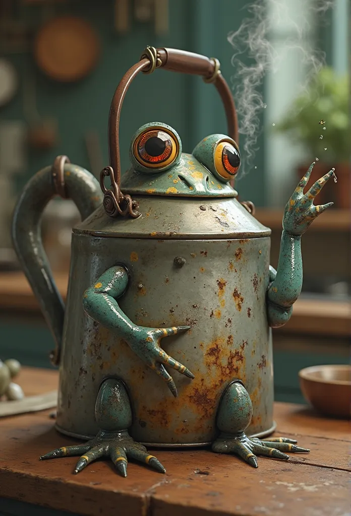 A hyper-realistic, ultra-high-definition 4K render of a bizarre yet charming creature fused with a metal kettle and a frog. The creature’s main body is a slightly dented, well-used metal kettle with patches of rust and burn marks, giving it a worn-out look...