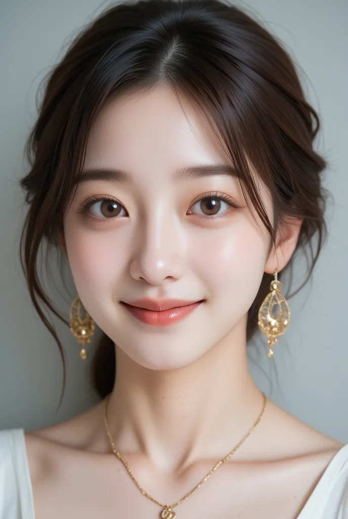 High Resolution,high quality,realistic, beautiful Japanese woman,earrings,necklaces, eyeliner,big eyes,Cat Eyes,kind smile,looking at the camera,  Oil Skin, beautiful skin,  upper body up