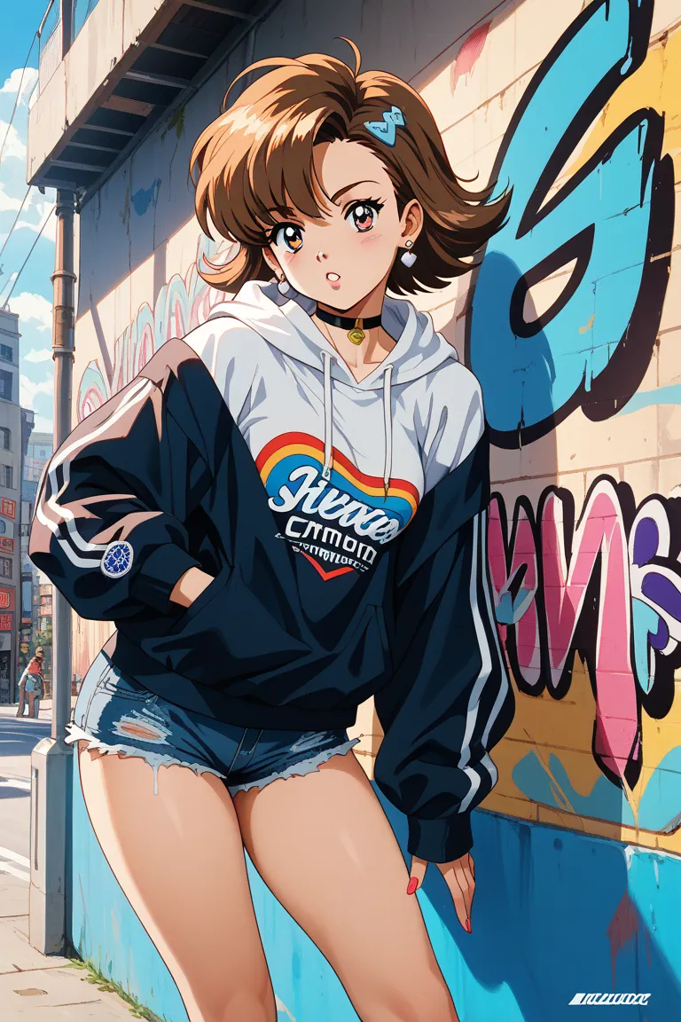 A high-quality, modern anime-style illustration of a young woman with a vintage retro vibe inspired by 1980s anime, street style, and graffiti art. She has large, almond-shaped, cat-like expressive eyes with a deeply emotional and wistful expression, as sh...