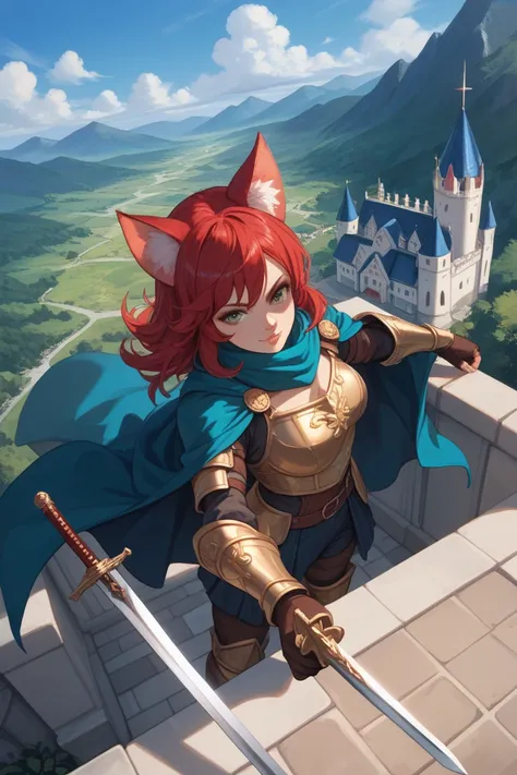 Long red haired woman with cat ears wearing a cape with armor with a scarf, she is holding a sword with both hands, with both hands she is holding a two-handed sword she is in a dynamic pose, perspective from above, she is on the ledge of a castle with a p...