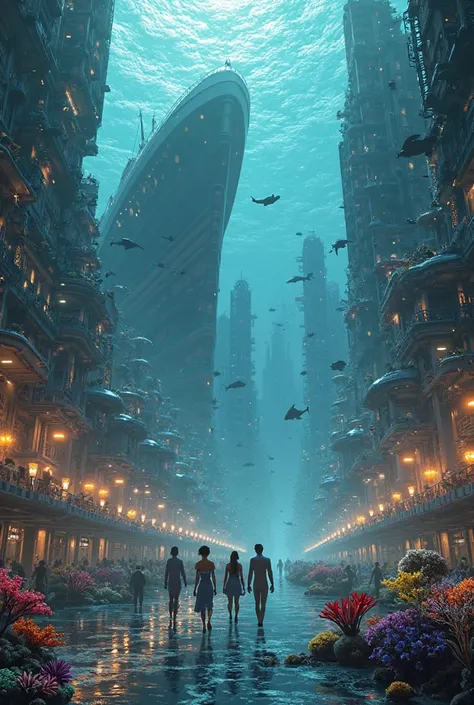 Create a titanic city under the ocean people walking under the sea with whales and sharks above and corals the ship's hull appears just above the buildings of this submerged city are futuristic and expensive 