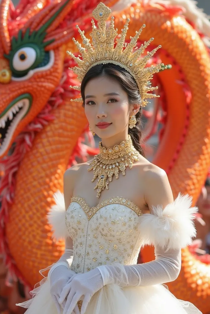 Create an image with a red and orange dragon allegorical vehicle at the São Paulo sambadrome, with a Korean model, with a white carnival outfit with sparkles, with a gold necklace and earrings, with a minimalist gold crown too, With gloves on her hands sma...