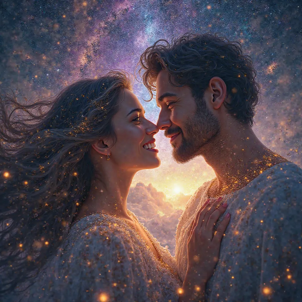 A luminous couple floating in a cosmic dreamscape, surrounded by swirling galaxies and constellations. The woman’s smile radiates golden starlight, her teeth glinting like distant stars, while her eyes reflect the Milky Way’s spiral. Her hair flows like sh...