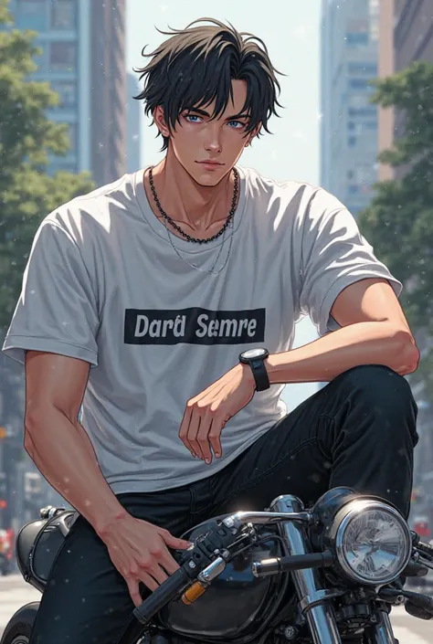 A boy is sitting on a stylish moto bike. He is adult. His skin colour is white and he is also a stylish anime.He has wared a white t shirt and there is a name on his t shirt and the name is Mominur 